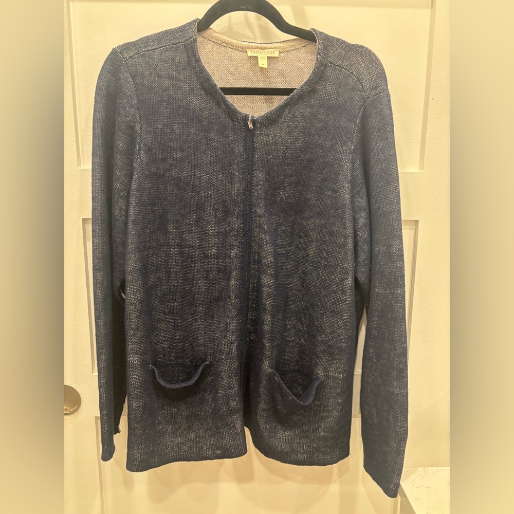 Eileen Fisher Women’s Navy Blue & Gray Linen Blend Full Zip Sweater Size 2X